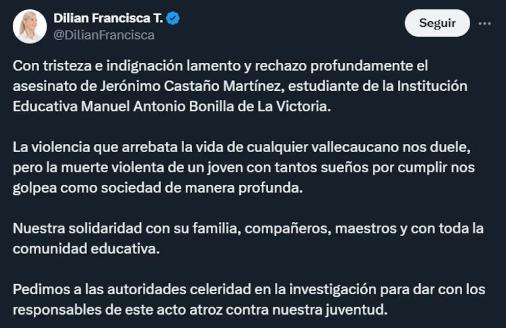 Pronunciamiento de Dilian Francisca Toro por Jerónimo Castaño - Meridiano Regional noticias Valle del Cauca - asesinato estudiante La Victoria - justicia para Jerónimo - violencia en Valle del Cauca - Institución Educativa Manuel Antonio Bonilla