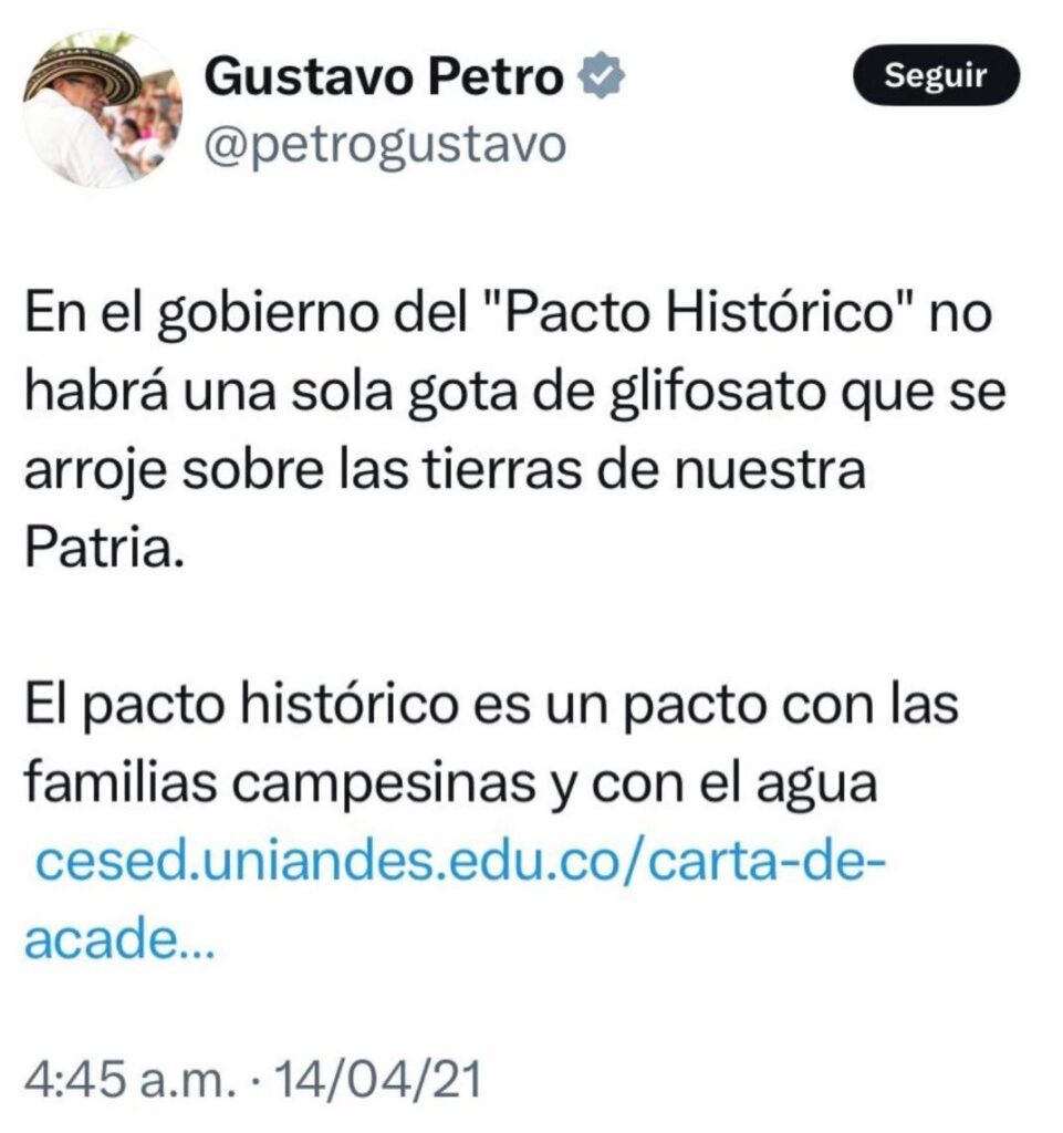 Trino de Petro sobre el glifosato en 2021 - Meridiano Regional Gustavo Petro trino 2021 no glifosato - promesa campaña - pacto histórico campesinos