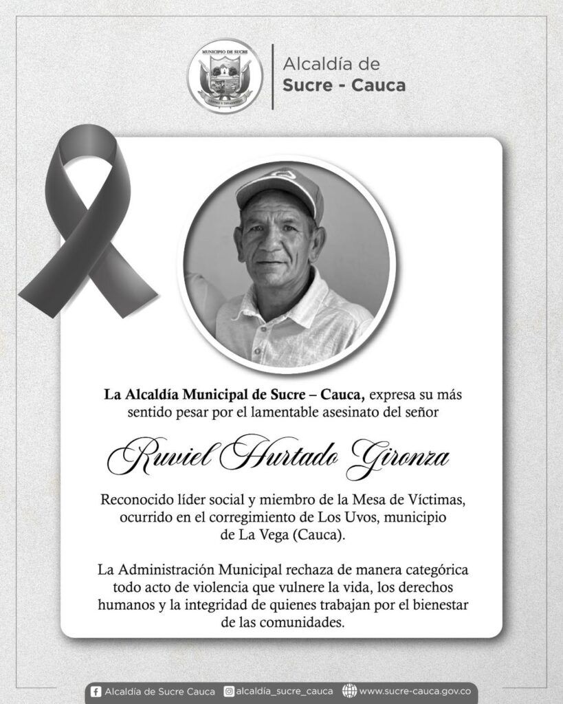 Asesinato de Ruviel Hurtado en Sucre Cauca - Meridiano Regional asesinato-ruviel-hurtado - alcaldia-sucre-cauca - lider-social-asesinado-cauca - violencia-contra-lideres-sociales