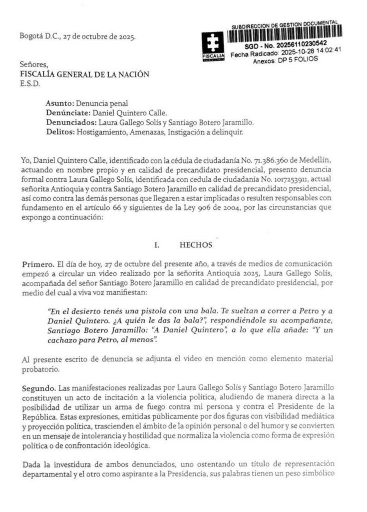 Denuncia penal contra Laura Gallego presentada por Daniel Quintero - Meridiano Regional documento-denuncia-penal - daniel-quintero - laura-gallego - santiago-botero - fiscalia-general