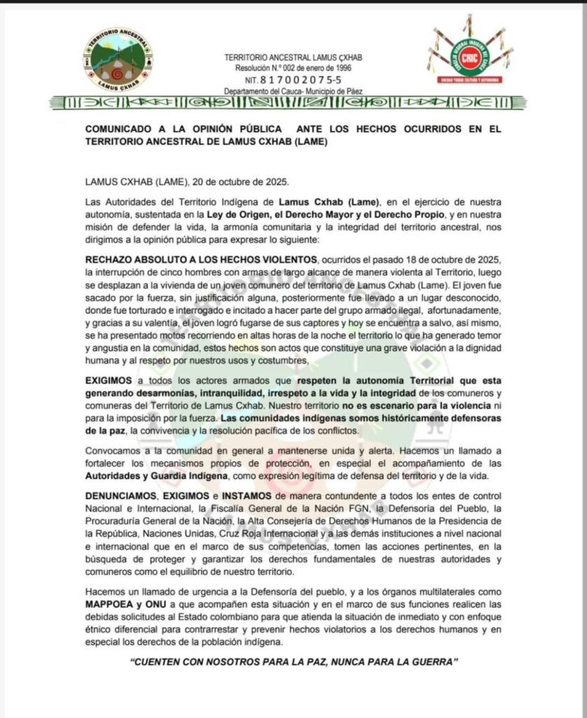 Comunicado oficial sobre ataque en territorio ancestral Nasa - Meridiano Regional comunicado-oficial-lamus-cxhab - ataque-territorio-ancestral-nasa - resistencia-indigena-cauca