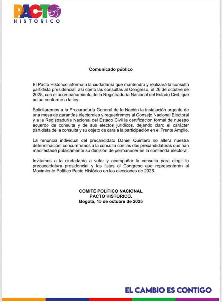 pacto histórico - comunicado oficial - consulta del pacto histórico - elecciones 2025 - gustavo petro - daniel quintero