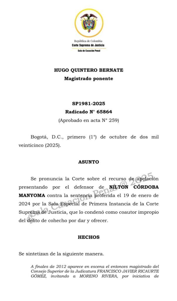 Documento judicial de la Corte Suprema en Bogotá sobre la condena a Nilton Córdoba Manyoma por su participación en el cartel de la toga.