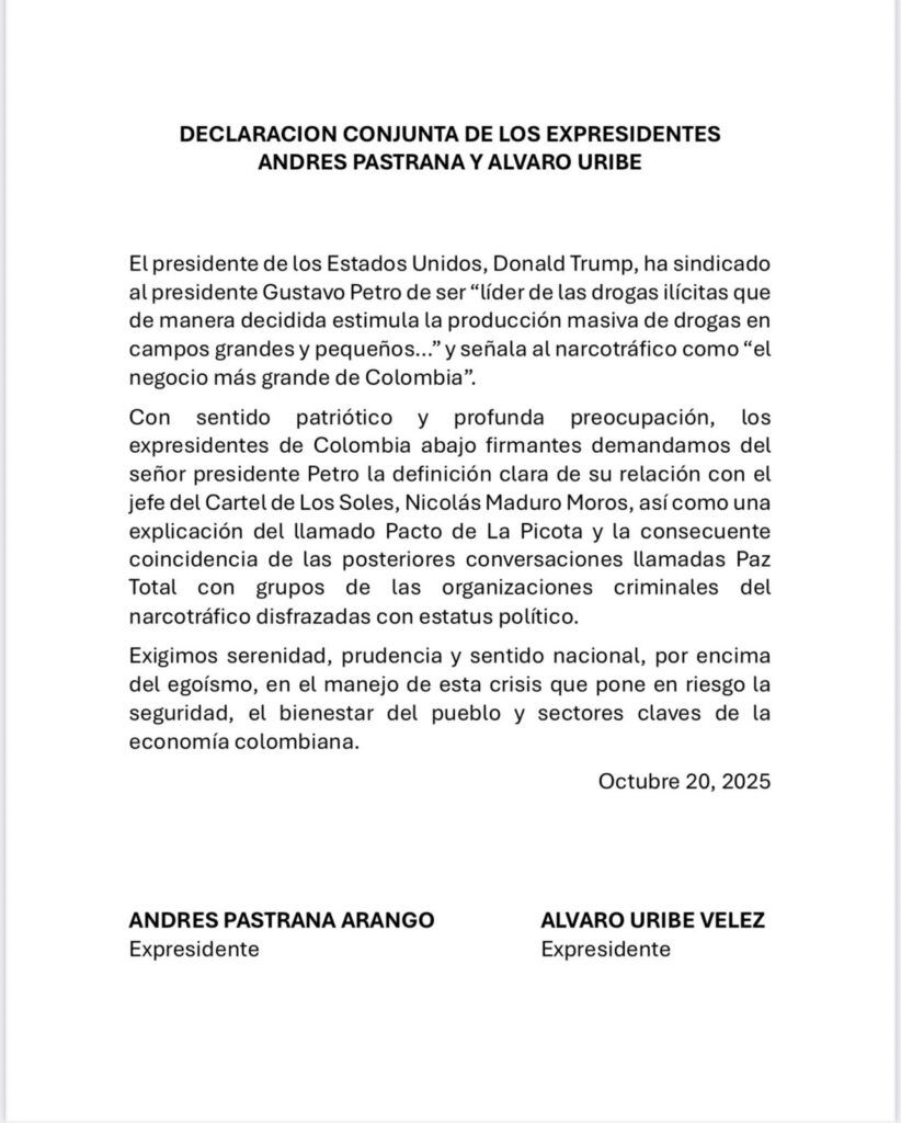 Comunicado oficial de Uribe y Pastrana contra Petro durante la crisis con EE. UU., en el que piden aclarar su relación con Nicolás Maduro y el Cartel de los Soles.