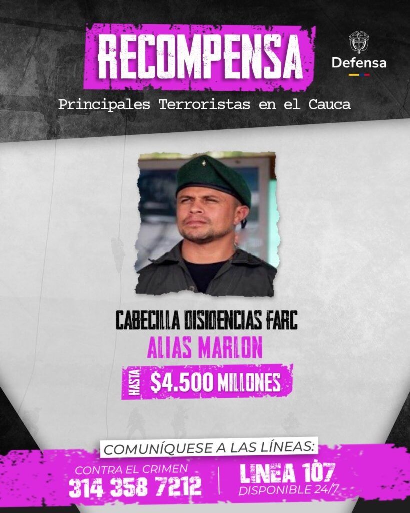 captura de alias gramo - cartel de recompensa alias marlon - disidencias farc - atentado la base cali - ministerio de defensa colombia