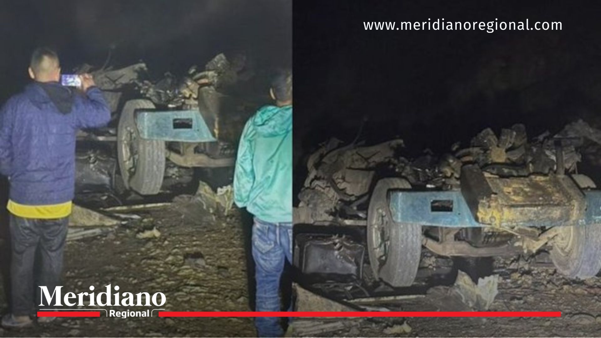 Ciudadanos observan los restos de la volqueta que explotó frente a la subestación de Policía de El Crucero Pandigüando, en zona rural de El Tambo, Cauca.