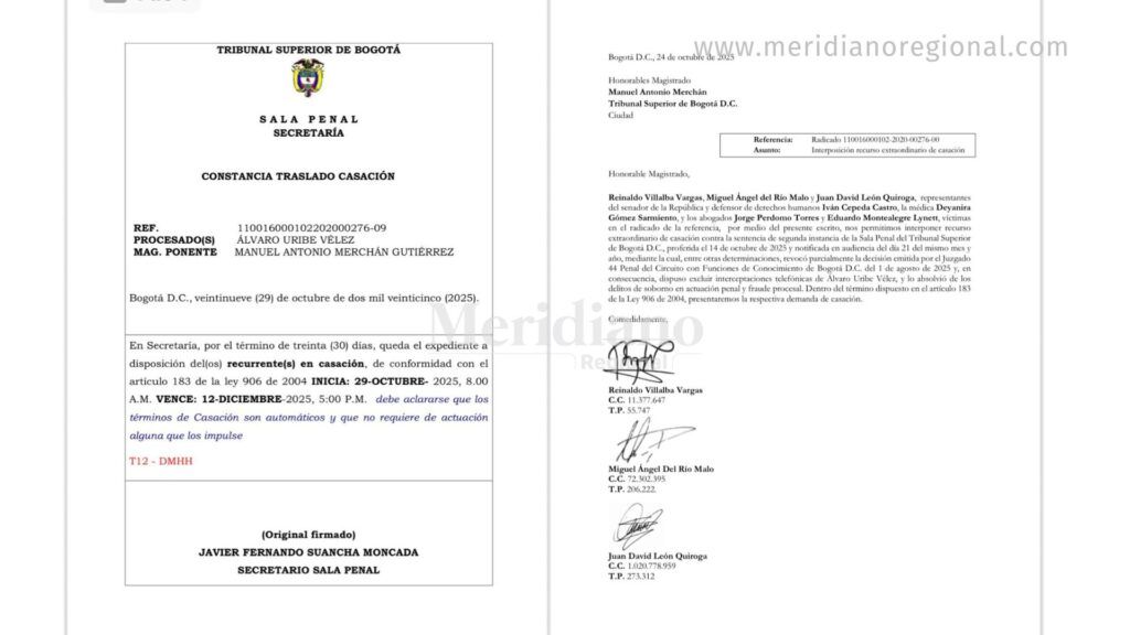 Recurso de casación contra Álvaro Uribe fue radicado ante el Tribunal Superior de Bogotá - Meridiano Regional Documento oficial del Tribunal Superior de Bogotá que confirma la radicación del recurso de casación contra Álvaro Uribe presentado por los abogados de Iván Cepeda y otras víctimas del proceso.