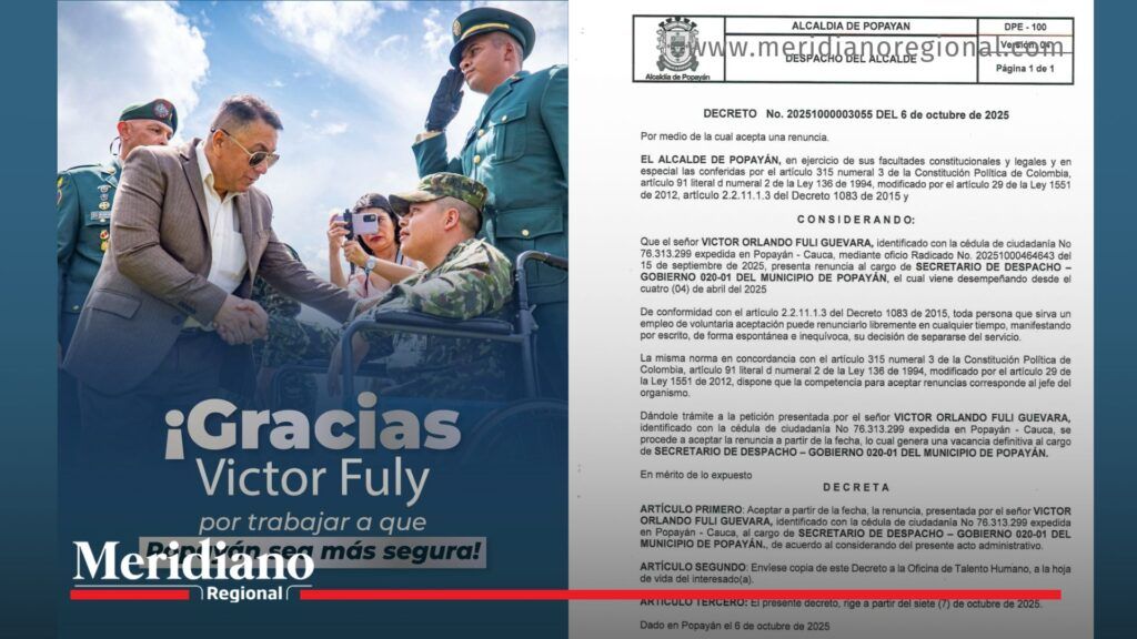 Decreto de renuncia de Víctor Fuli - Alcaldía de Popayán - Juan Carlos Muñoz Bravo - Secretaría de Gobierno