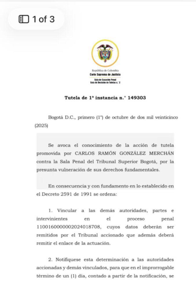 Tutela de Carlos Ramón González en la Corte Suprema - Meridiano Regional tutela Corte Suprema - Carlos Ramón González - circular roja Interpol