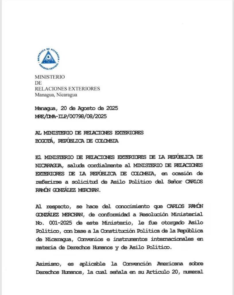 Carta de asilo político a Carlos Ramón González - Meridiano Regional carta asilo político - Nicaragua - Carlos Ramón González - UNGRD corrupción