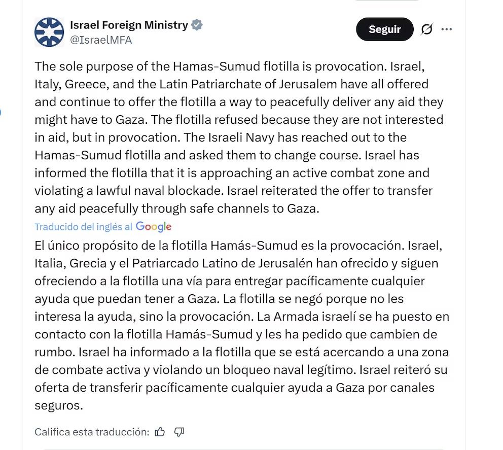 Comunicado de Israel sobre la Flotilla Global Sumud y bloqueo en Gaza