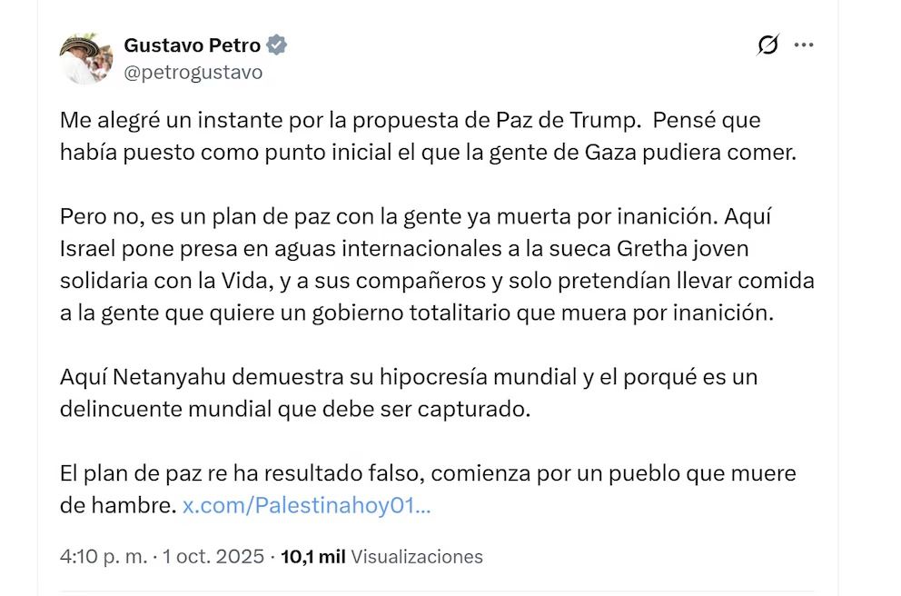 Trino de Gustavo Petro sobre Gaza, crítica a Trump y acusaciones contra Netanyahu