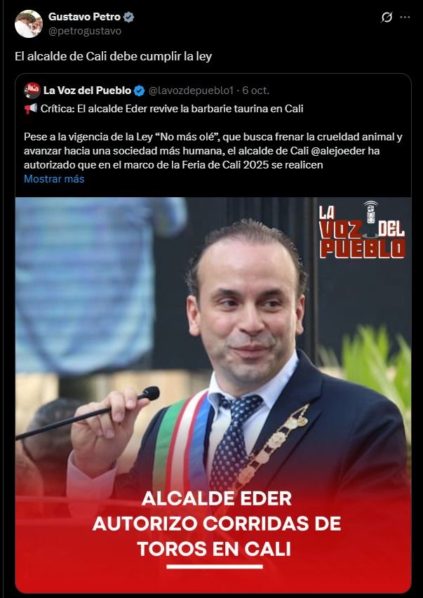 Gustavo Petro responde al alcalde Alejandro Eder por autorización de corridas de toros en Cali