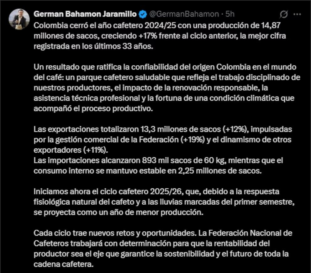 Germán Bahamón destaca la cosecha cafetera en Colombia - Meridiano Regional noticias colombia - cosecha cafetera en colombia - café del cauca - producción de café en colombia - exportaciones de café colombiano