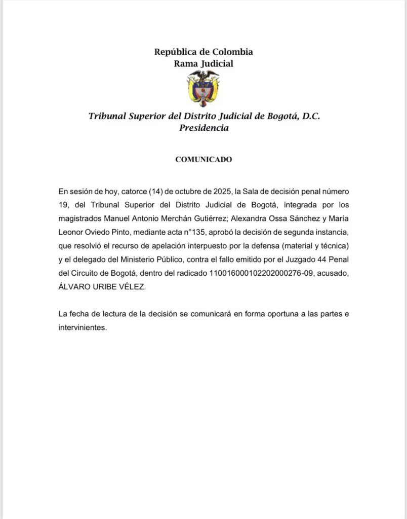 Comunicado oficial del Tribunal Superior de Bogotá sobre Álvaro Uribe Vélez - Meridiano Regional comunicado del Tribunal Superior de Bogotá - Álvaro Uribe Vélez - fallo de segunda instancia - noticias Colombia