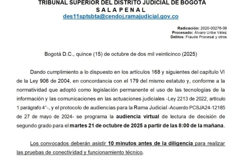 Citación oficial para lectura de la sentencia Álvaro Uribe - Meridiano Regional citación tribunal superior de bogotá audiencia sentencia álvaro uribe