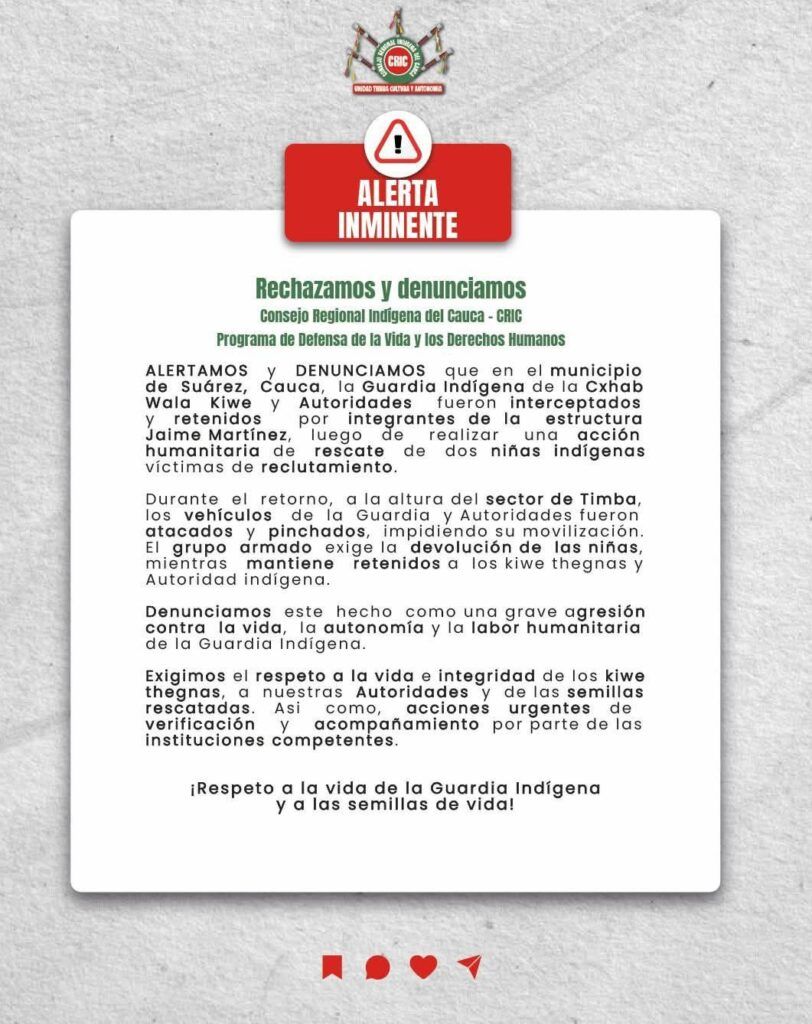 comunicado del CRIC - retención Guardia Indígena en Timba - crisis humanitaria en Cauca - estructura Jaime Martínez