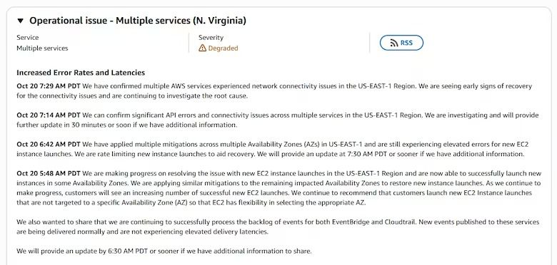 Informe oficial sobre la caída de Amazon Web Services en la región US-EAST-1, que afectó servicios globales el 20 de octubre de 2025.