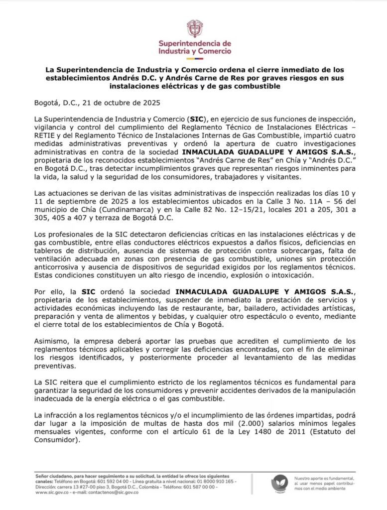 cierre-andres-carne-de-res - superintendencia-de-industria-y-comercio - comunicado-oficial-sic - fallas-electricas-y-de-gas - andres-dc-bogota