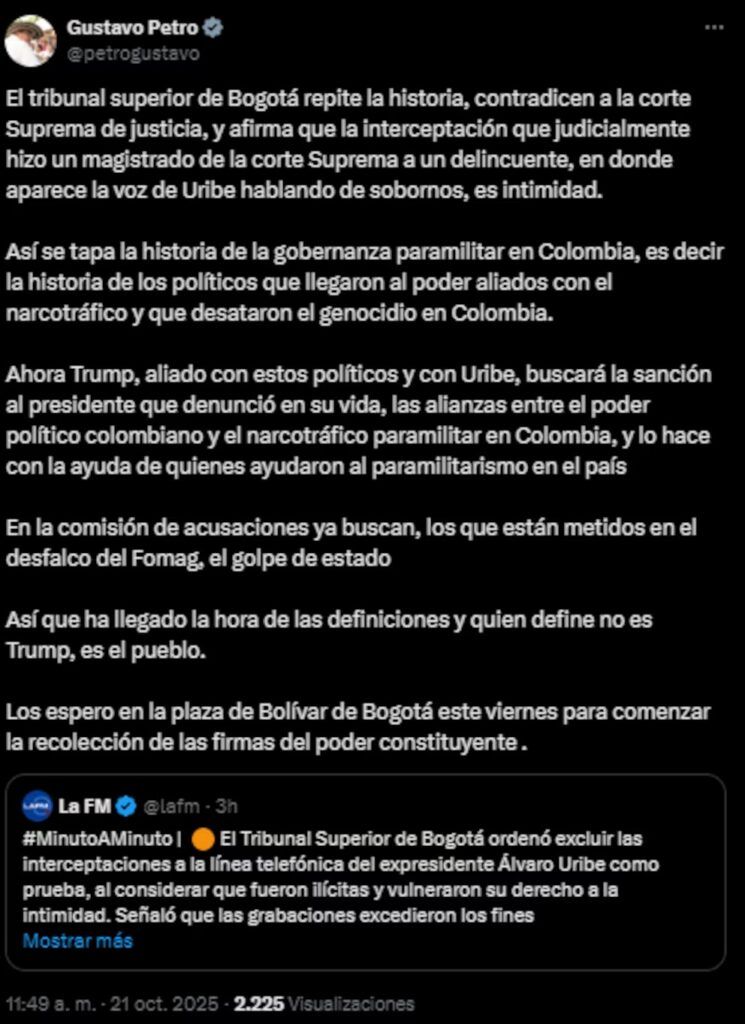 petro-publicacion-x - absolucion-alvaro-uribe - petro-convoca-movilizacion