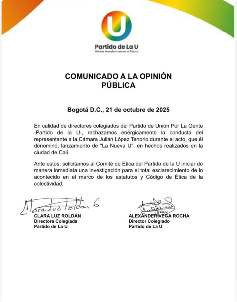 Comunicado oficial del Partido de la U - Meridiano Regional comunicado-partido-de-la-u - la-nueva-u - julian-lopez - clara-luz-roldan - alexander-vega
