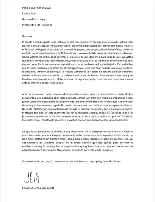 Renuncia del ministro de Justicia Montealegre en Colombia - Meridiano Regional renuncia-ministro-justicia - carta-renuncia-montealegre - documento-oficial-renuncia - petro-renuncia-montealegre