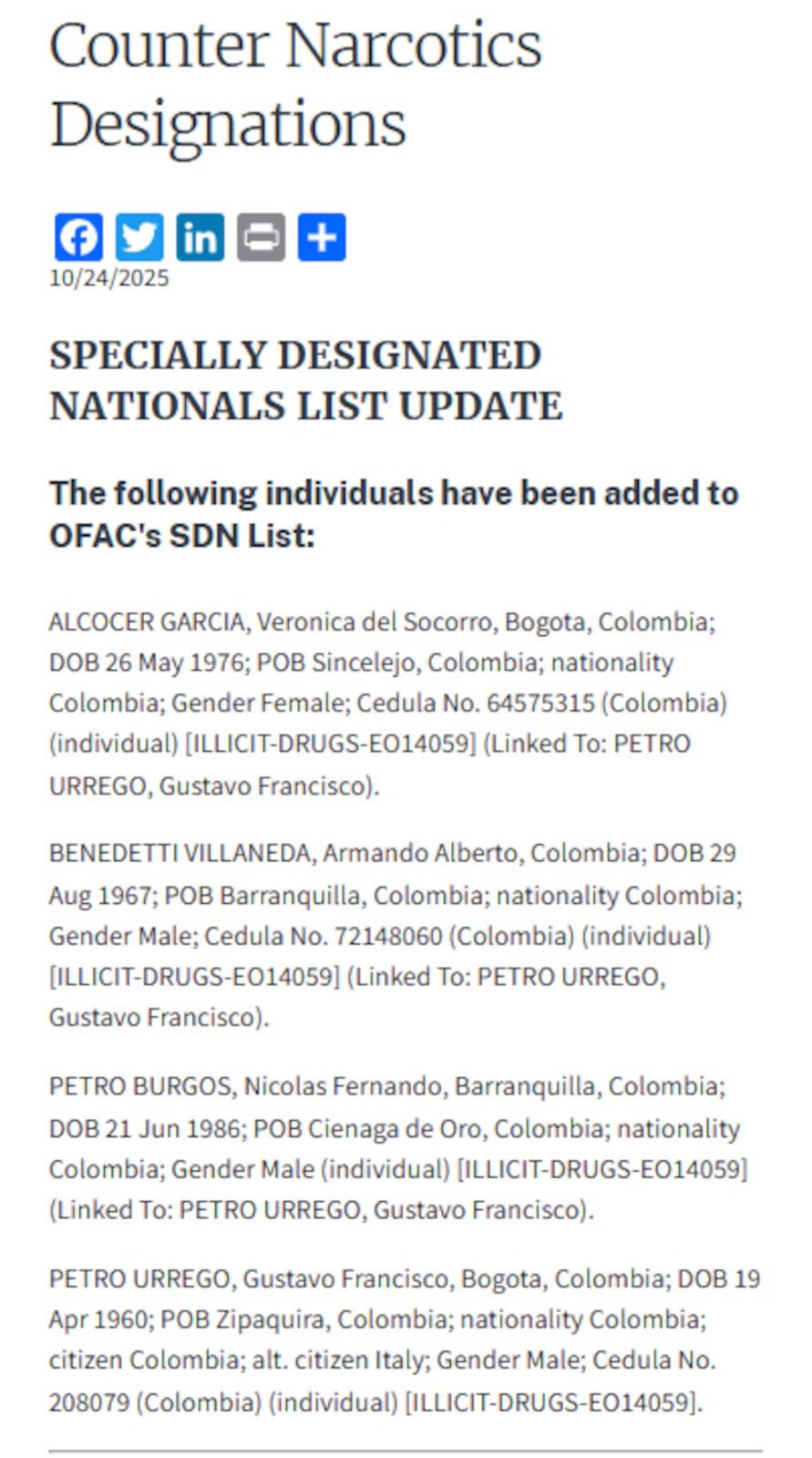 Publicación oficial de la Lista Clinton con nombres de Petro y su familia - Meridiano Regional lista-clinton-petro-familia - petro-lista-clinton - ofac-eeuu