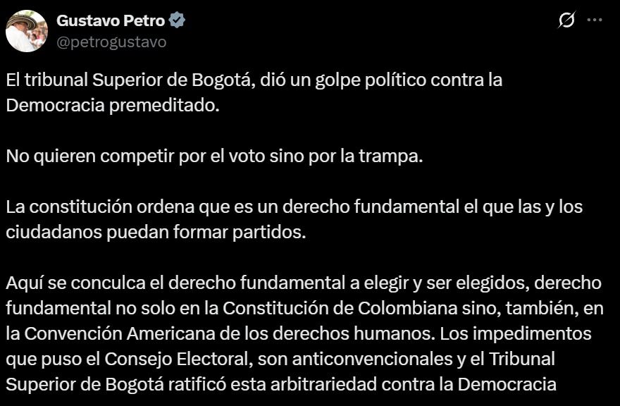 Publicación de Gustavo Petro en X sobre el fallo del Tribunal Superior de Bogotá que frenó la consulta del Pacto Histórico