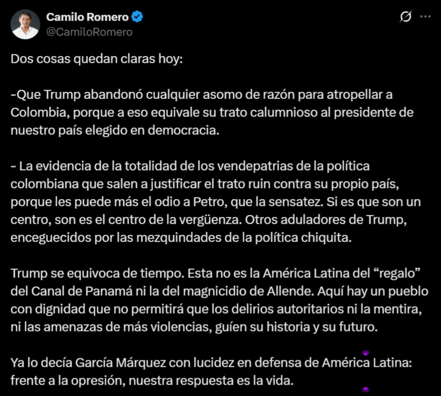 Publicación de Camilo Romero sobre el pulso con Washington y los aranceles de Donald Trump a Colombia, donde critica el trato del expresidente hacia el país.