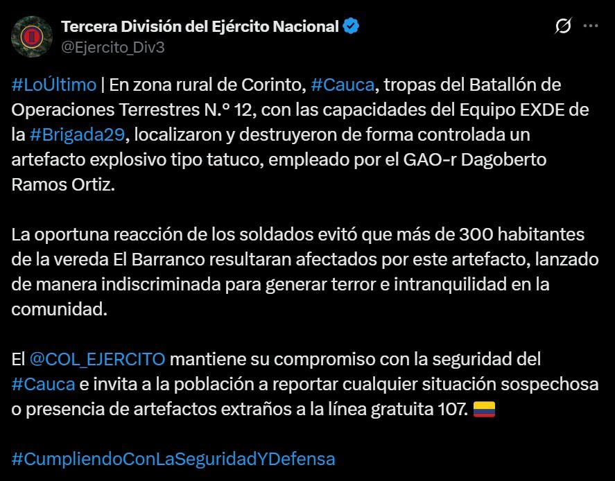 Publicación del Ejército Nacional sobre la guerra en el Cauca, donde tropas informan la destrucción de un artefacto explosivo en zona rural de Corinto.