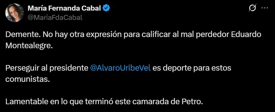 Reacción en X de María Fernanda Cabal por renuncia del ministro de Justicia - Meridiano Regional reaccion-maria-fernanda-cabal - renuncia-ministro-justicia - opinion-oposicion-montealegre - petro-renuncia-montealegre