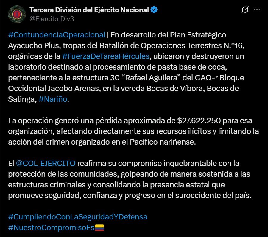 Ejército Nacional reporta ofensiva militar en Nariño - Meridiano Regional Publicación en X de la Tercera División del Ejército Nacional sobre la ofensiva militar contra el narcotráfico en Nariño, destacando la operación del Plan Ayacucho Plus en Bocas de Satinga.