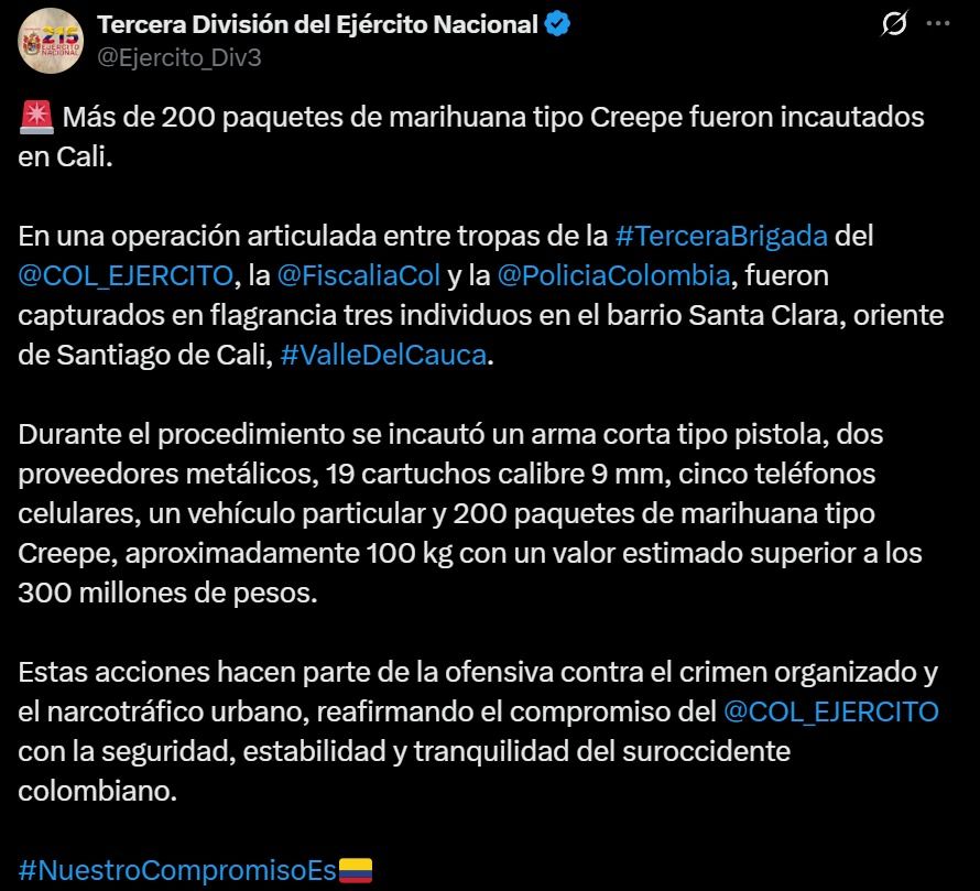 noticias cali - incautación marihuana - microtráfico cali - ejército nacional - tercera brigada - seguridad valle - narcotráfico urbano