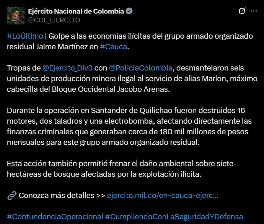 Soldados del Ejército Nacional combaten la minería ilegal en el Cauca durante un operativo en zona rural de Santander de Quilichao.