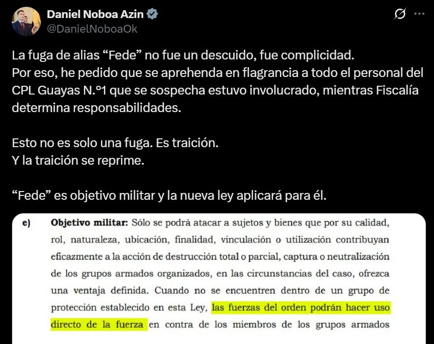 Daniel Noboa sobre la fuga de alias Fede - Meridiano Regional fuga-alias-fede - daniel-noboa - crisis-penitenciaria-ecuador - los-aguilas