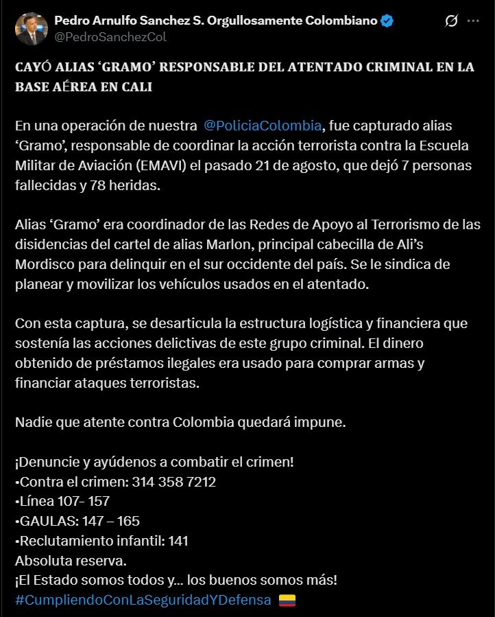 captura de alias gramo - ministro de defensa anuncia operativo - atentado la base cali - disidencias farc - seguridad en cali