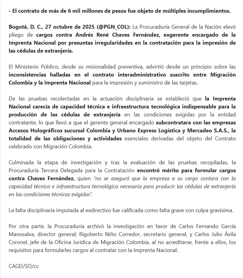 comunicado-procuraduria-cargos-exgerente-imprenta-nacional - irregularidades-contratacion - cedulas-extranjeria - migracion-colombia