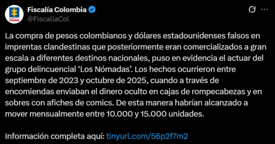 Fiscalía revela detalles del caso de dinero falso en Colombia - Meridiano Regional fiscalia-general - comunicado-oficial - dinero-falso-en-colombia - red-los-nomadas - billetes-falsos