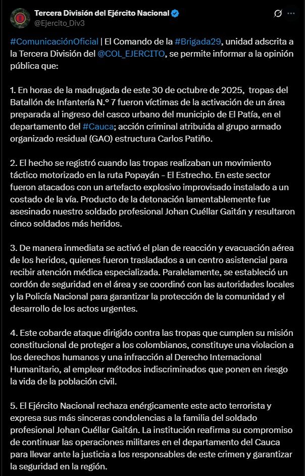 Ataque militar en El Patía – comunicado del Ejército Nacional - Meridiano Regional comunicado-ejercito-nacional-ataque-militar-en-el-patia