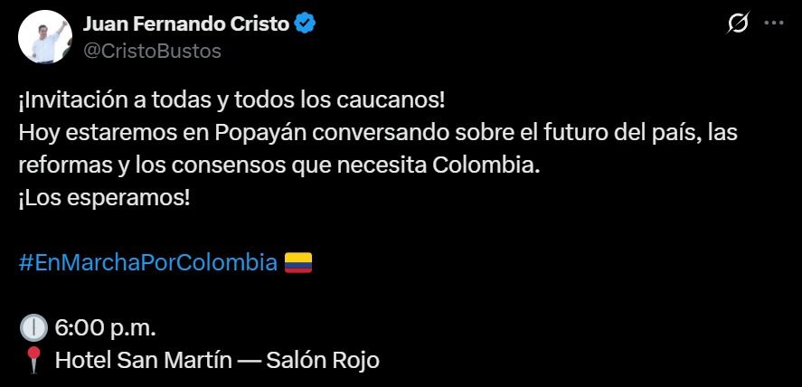 juan-fernando-cristo - visita-popayan - en-marcha-cauca - dialogo-ciudadano - hotel-san-martin-popayan - elecciones-2026
