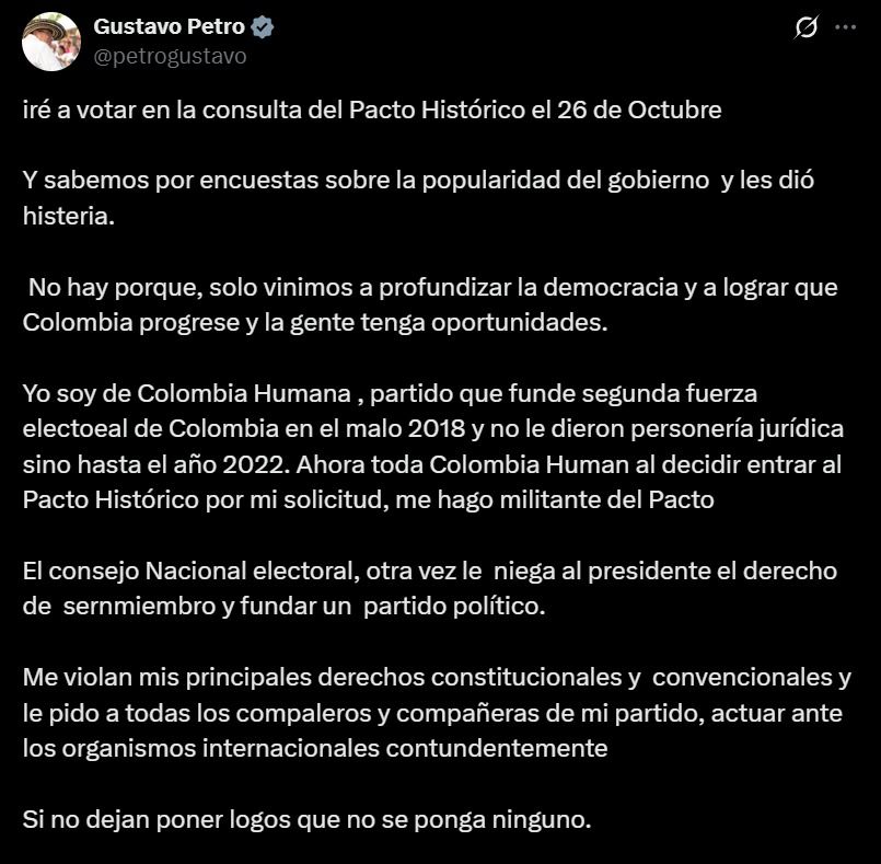 gustavo petro - consulta del pacto histórico - publicación de petro - elecciones 2025 - cne - democracia interna
