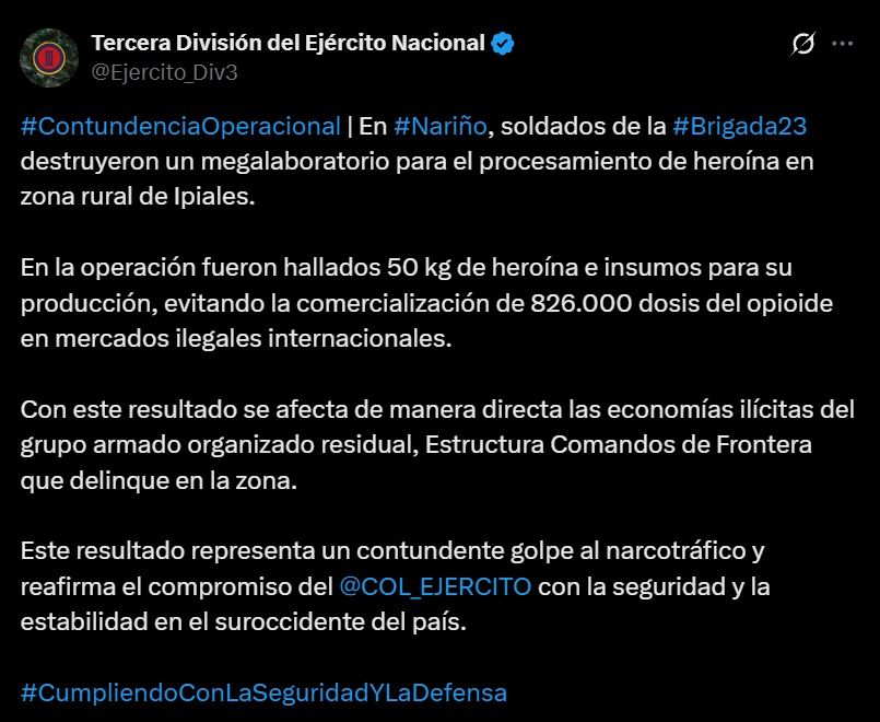 Ejército golpea a los Comandos de Frontera en Ipiales - Meridiano Regional Soldados del Ejército Nacional destruyen un megalaboratorio de heroína en zona rural de Ipiales, Nariño, durante un operativo que golpeó las economías ilícitas de los Comandos de Frontera.