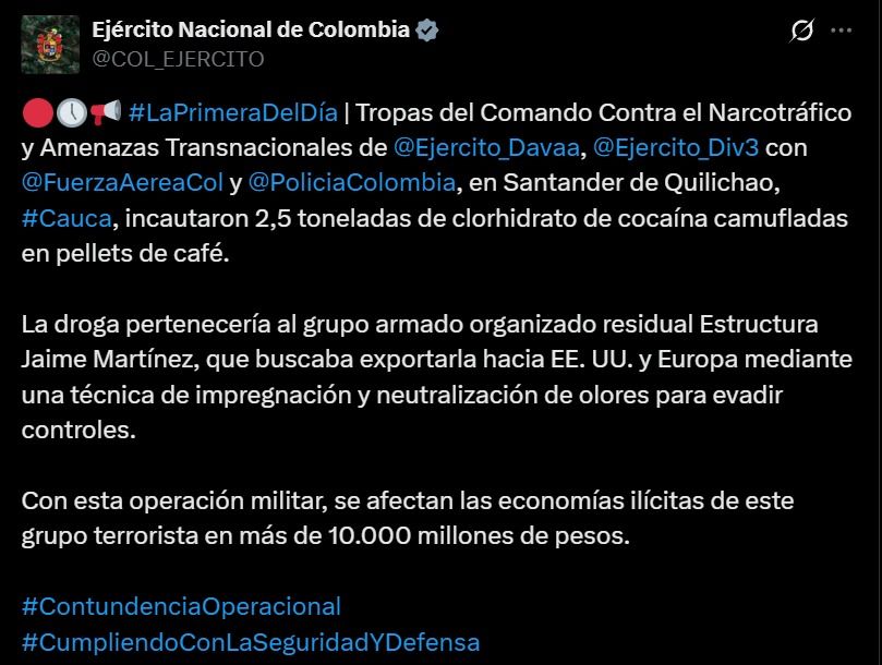 Operativo militar destruye laboratorio de cocaína en el Cauca - Meridiano Regional Soldados del Ejército Nacional durante operativo en Santander de Quilichao, Cauca, donde fue destruido un laboratorio de cocaína y decomisadas 2,5 toneladas del alcaloide camufladas en café.