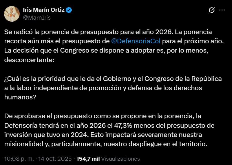 Iris Marín defensora del pueblo advierte en X sobre el recorte a la Defensoría del Pueblo y sus efectos en la protección de derechos humanos en Colombia.