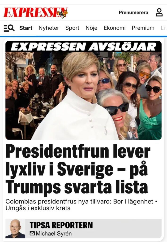 Portada del diario sueco Expressen que muestra a Verónica Alcocer en eventos sociales en Estocolmo, acompañada de un grupo de personas, en un artículo sobre su estilo de vida en Suecia.