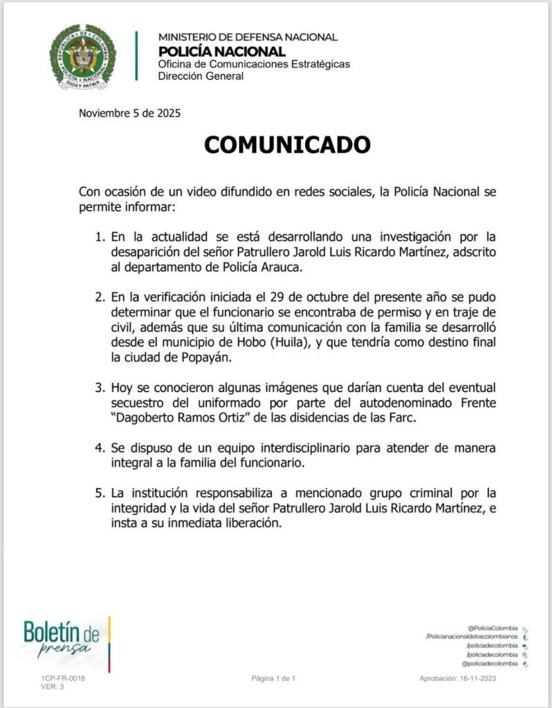 Comunicado oficial sobre el secuestro de patrullero en Cauca - Meridiano Regional comunicado-policia-nacional - secuestro-de-patrullero-en-cauca - disidencias-de-las-farc - ministerio-de-defensa