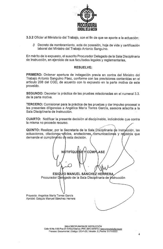 Procuraduría investiga a Antonio Sanguino por resolución oficial - Meridiano Regional procuraduria-investiga-antonio-sanguino - documento-oficial - resolucion-procuraduria - ministro-trabajo - investigacion-politica
