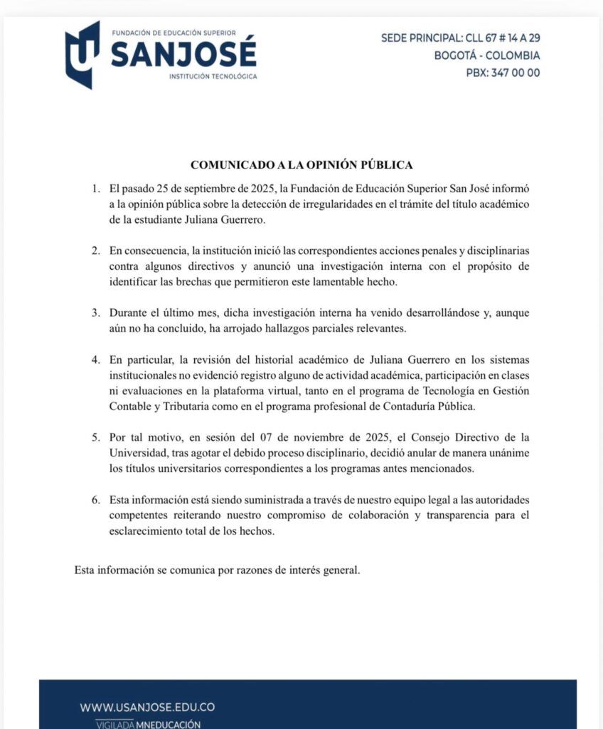 comunicado-fundación-universitaria-san-josé – título-de-juliana-guerrero – anulación-título-universidad-san-josé