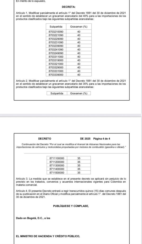 Porcentajes del decreto sobre aranceles de importación de vehículos y motos en 2025 - Meridiano Regional porcentajes del decreto sobre aranceles de importación - carros y motos - industria automotriz colombiana - precios de vehículos 2025 - gobierno nacional