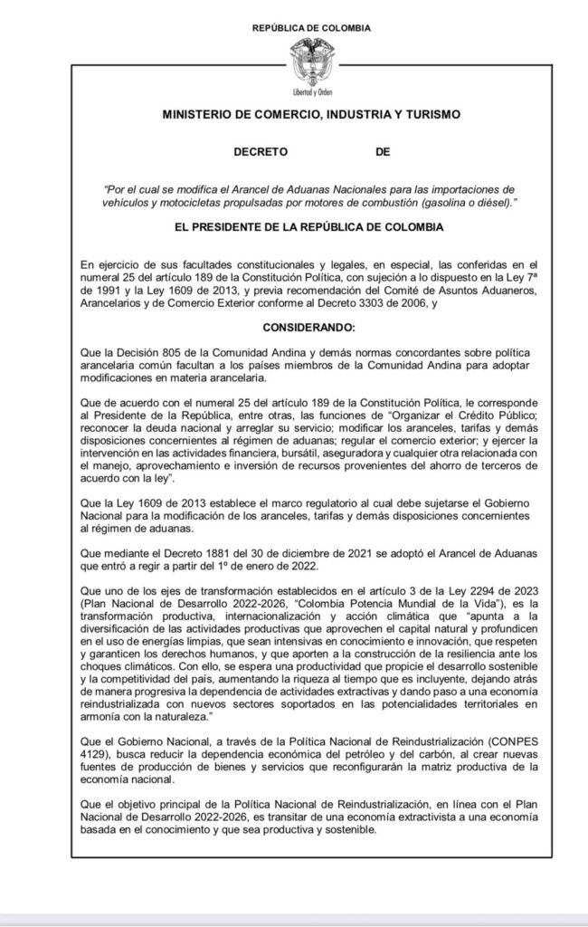 Decreto del Gobierno Nacional sobre aranceles de importación de vehículos 2025 - Meridiano Regional decreto del gobierno nacional sobre aranceles de importación - carros y motos - industria automotriz colombiana - precios de vehículos 2025